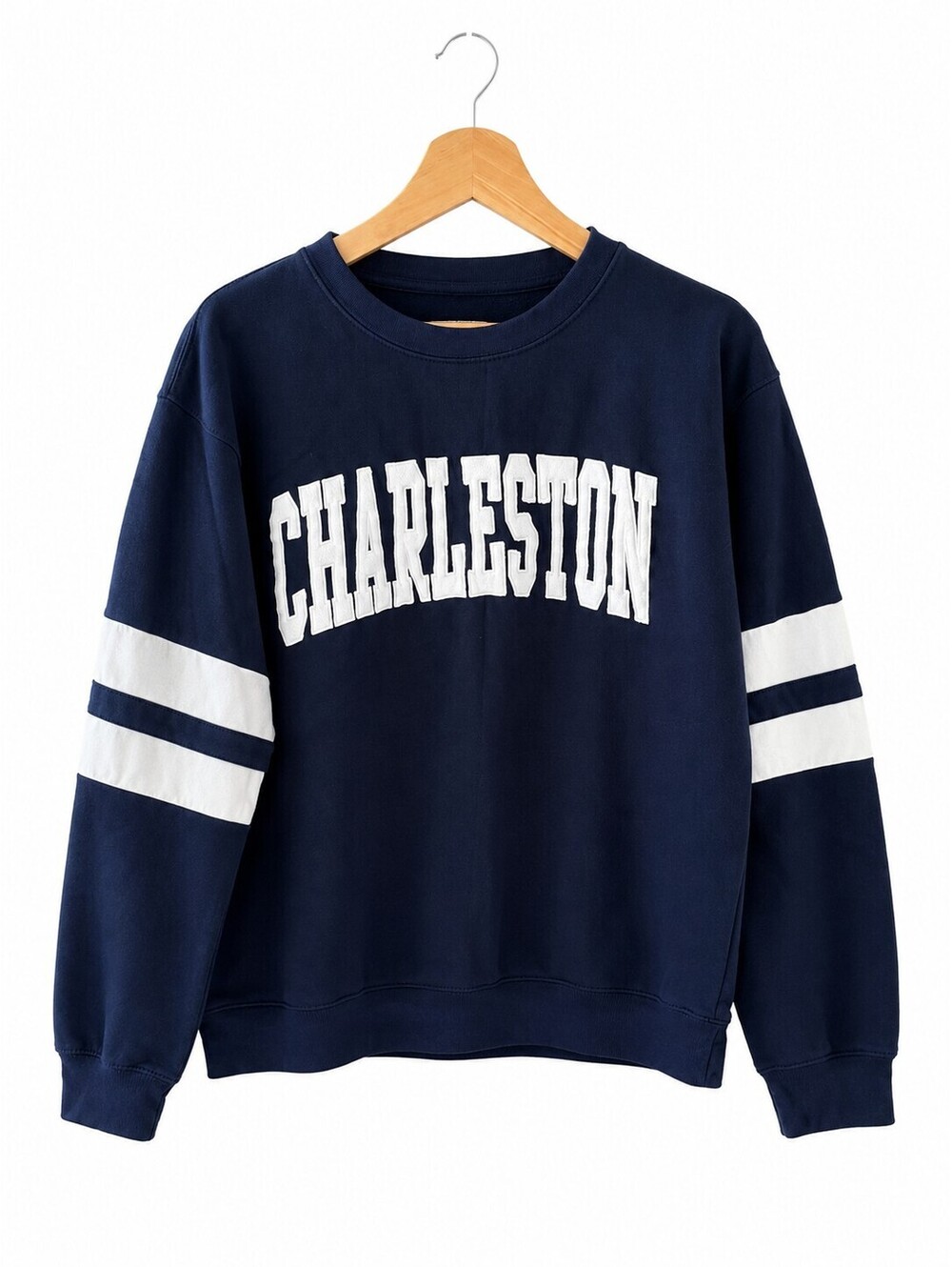 New York Popular Charleston Navy Blue Crewneck Sweatshirt with White Stripes